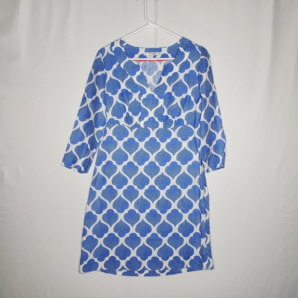 Boden Linen Dress 6 Blue White Elbow Coastal Prep Block Trellis Beachy Resort